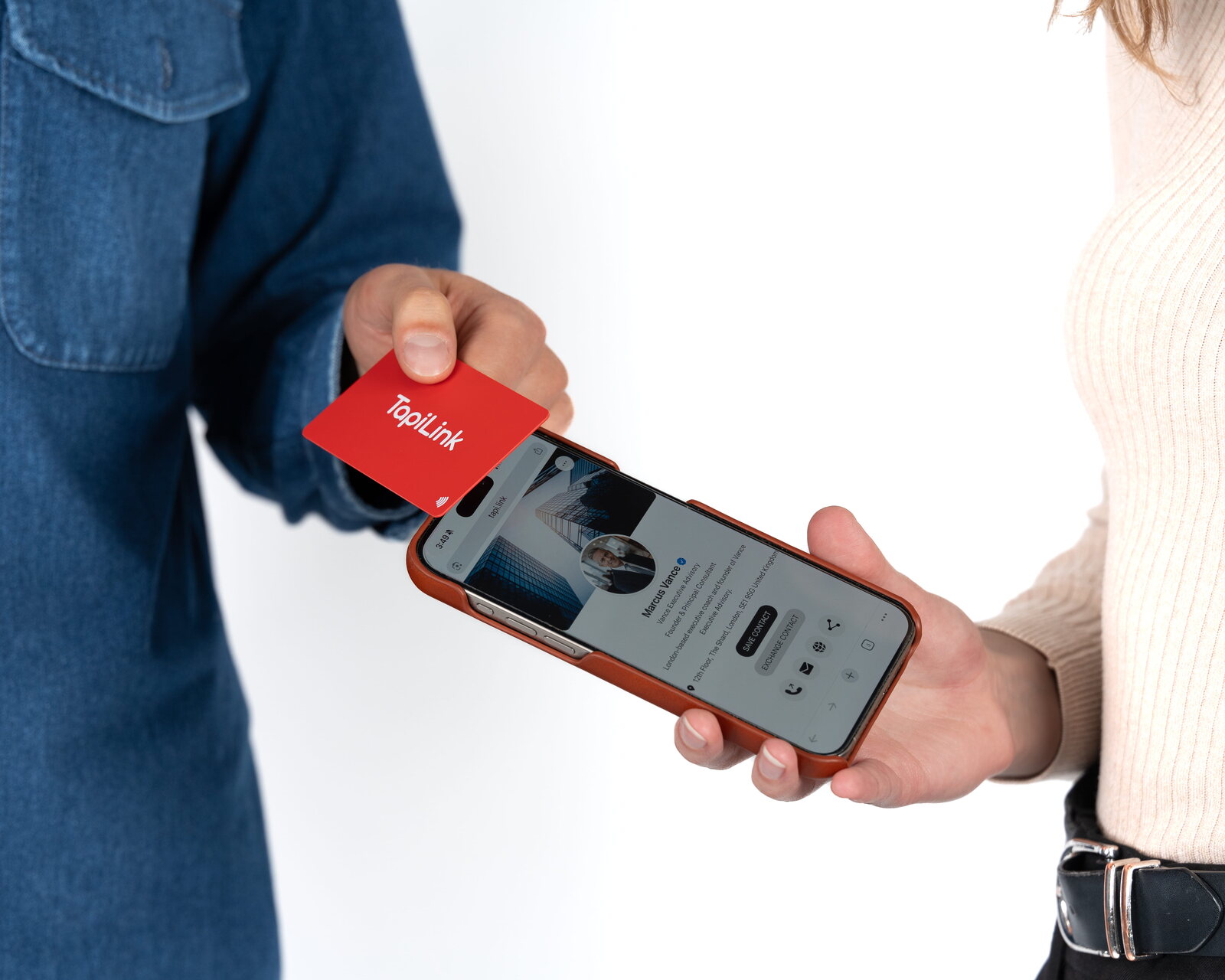 Tapping a TapiLink NFC card to share a digital profile